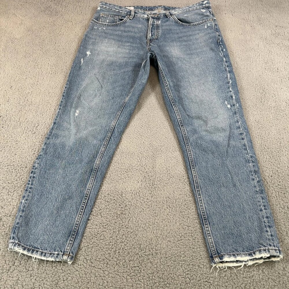 Zara Jeans Mens 34 Blue Distressed Straight Leg Button Fly Raw Hem Denim Pants